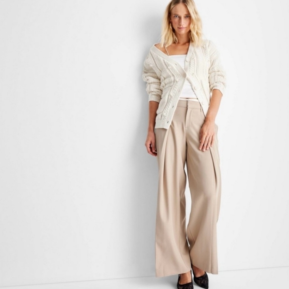 Women's Mid-Rise Wide Leg Contrast Waistband Trousers Future Collective Khaki XL - Picture 3 of 16